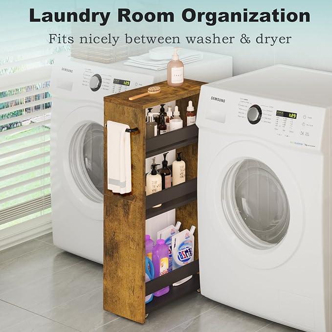 MARTY Rolling Storage Cart 7.9" W, 4-Tier Narrow Kitchen Cart with Wheels Handle, Slim Storage Mobile Shelving Utility Carts for Bathroom Laundry Room Organization Small Spaces(Rustic Brown) - ModernBath