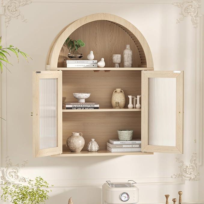 Arched Bathroom Cabinet, Wall Mounted Bathroom Cabinet with Tempered Glass Doors and Adjustable Shelf, for Kitchen, Living Room, Laundry Room, Restroom, Oak - ModernBath