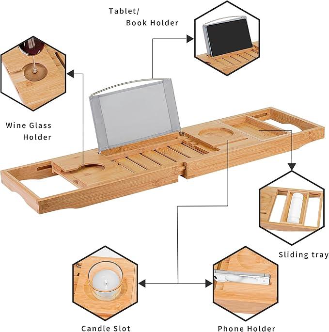 Utoplike Bamboo Bathtub Caddy Tray Bath Tray for Tub, Adjustable Bathroom Bathtub Organizer with Book Tablet Wine Glass Cup Towel Holder - ModernBath