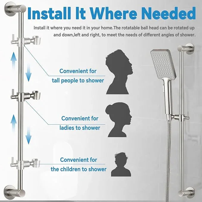 Shower Slide Bar Adjustable Handheld Shower Head Holder Wall Mount - 30inch All-Metal Shower Head Slide Bar Compatible with Bathroom Drill Free Glue Installation - Brushed - ModernBath