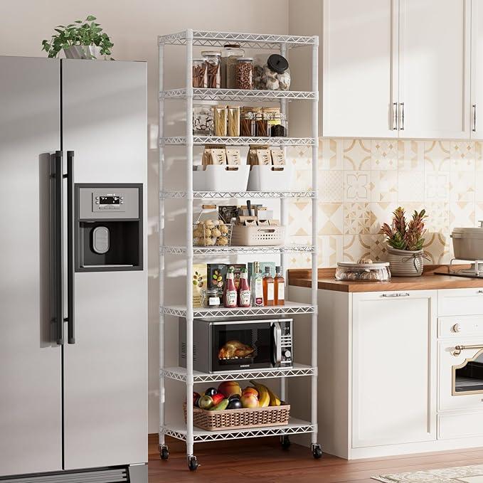 SINGAYE 8 Tier Shelf Organizer Storage Metal Shelves Garage Wire Shelving Unit Pantry Rack Adjustable Standing Storage for Kitchen Closet Laundry Bathroom Pantry 12" D x 22" W x 74" H White - ModernBath