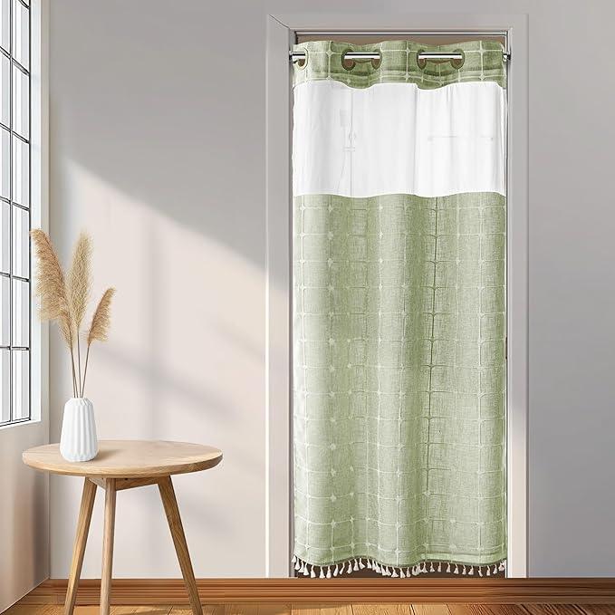 River Dream Sage Green Farmhouse Shower Curtain with Snap-in Liner, No Hooks Needed,with Magnets,with Tassels,Water Repellent&Machine Washable,36x74Inch - ModernBath