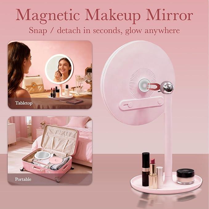 Amifiy Magnetic Makeup Mirror with Lights, 8" Pink Vanity Mirror with Lights, 360° Rotation, 3 Colors & Brightness Adjustable, Lighted Makeup Mirror for Desk, Gifts for Kids/Girls/Teens/Women - ModernBath