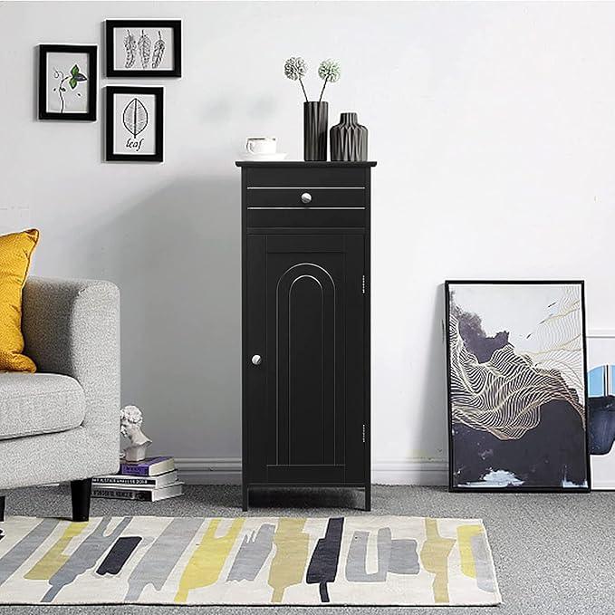 HAPPYGRILL Bathroom Floor Cabinet, Single Door Floor Storage Cabinet Organizer with Drawer and 3-Level Adjustable Shelves, Bathroom Cabinets Freestanding with Anti-Tipping Device for Living Room - ModernBath