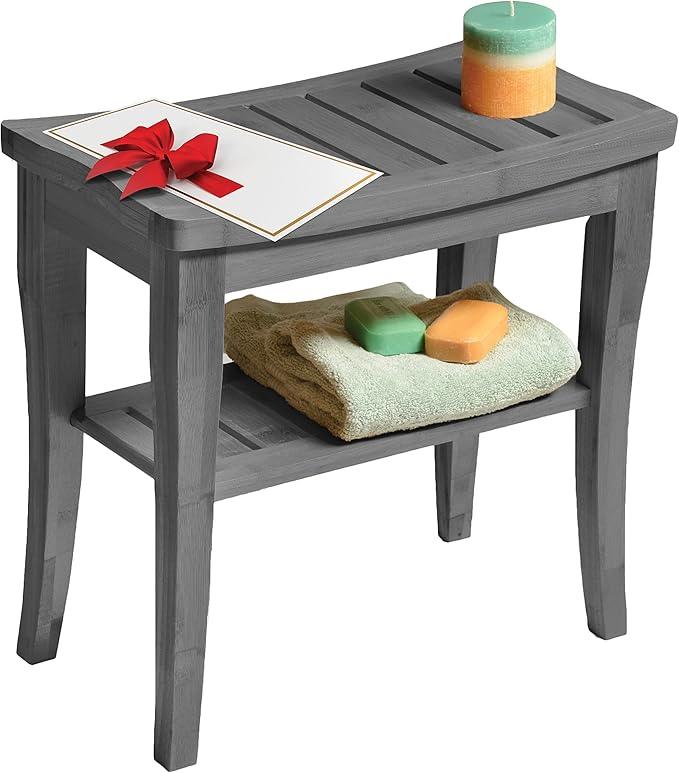 Grey Shower Bench - Small Wooden Shower Stool with Storage Shelf, Non-Slip Bathroom Seat, Spa Decor Bath Bench, Foot Rest Shaving Stool for Shower, Indoor Outdoor Use, Great Gift Idea (17" x 9 x 17) - ModernBath
