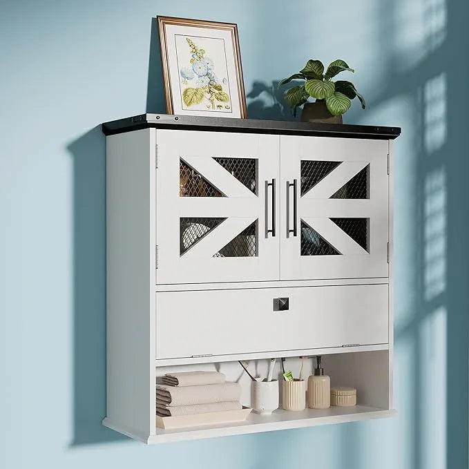 Wall Mounted Bathroom Cabinet with Double Doors, Flip-Down Storage and Open Shelf, Modern White Finish, Over-The-Toilet Space Saver Cabinet - ModernBath