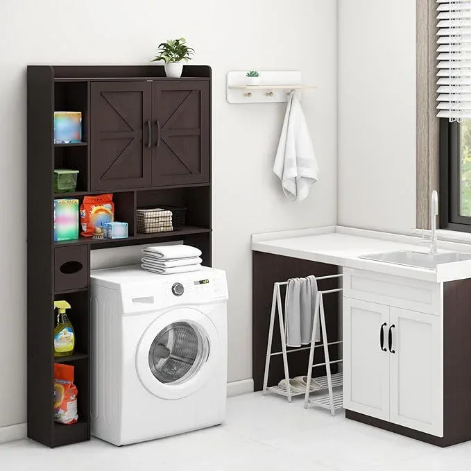 Vabches Over The Toilet Storage Cabinet, Farmhouse Storage Cabinet Over Toilet with 2 Barn Door & Toilet Paper Holder Stand，Home Space-Saving Toilet Rack, for Bathroom, Restroom, Laundry - ModernBath