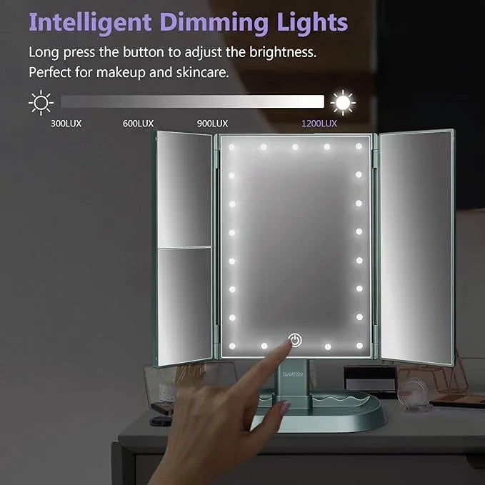 deweisn Trifold Lighted Vanity Makeup Mirror with 21 LED Lights,1x/2x/3x Magnification Touch Screen Dimming,Two Power Supplies Makeup Mirror, Gift for Women - ModernBath