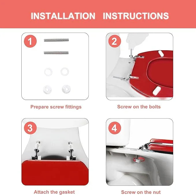 Red Elongated Toilet Seat Natural Wood Toilet Seat with Zinc Alloy Hinges, Easy to Install also Easy to Clean, Scratch Resistant Toilet Seat by Angol Shiold (Elongated, Red) - ModernBath