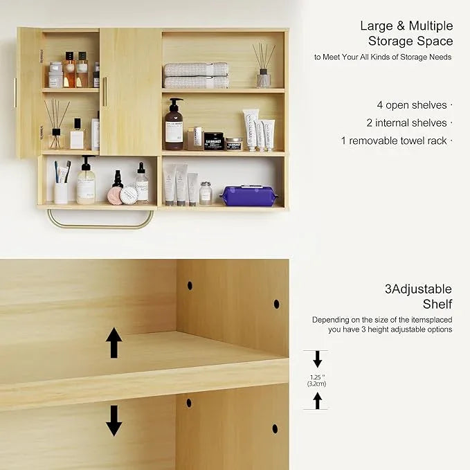 Bathroom Wall Cabinet Wood Large Wall Mounted Medicine Cabinet with 2 Doors and 4 Open Shelves Over Toilet Storage Cabinet Organizer with Towel Bar,Wood - ModernBath