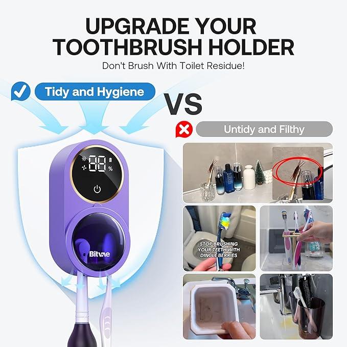 Bitvae Upgraded Tooth Brush Holder for Bathroom 2.0, Infrared Sensing Toothbrush Cleaner, Wall-Mounted for Most Size Toothbrushes, Air Drying, LED Smart Screen, Purple - ModernBath