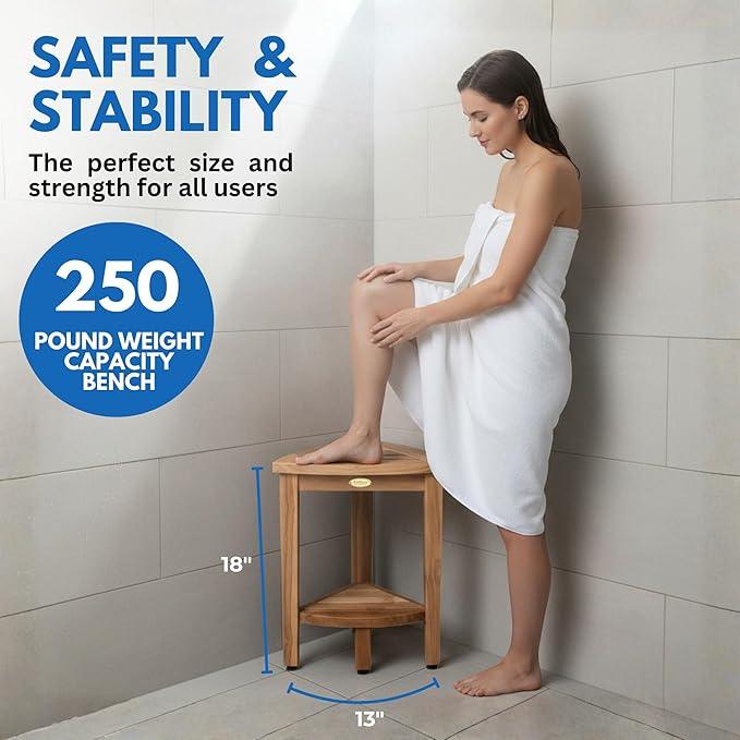 EcoDecors Snazzy Corner Waterproof Teak Wood Shower Bench Stool Seat Chair For Inside Shower Provides Safety, Storage, and Organization For Bathroom Accessories - ModernBath