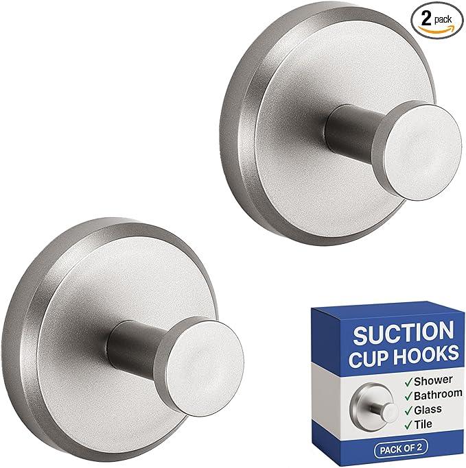 HOME SO Suction Cup Hooks for Shower, Bathroom, Kitchen, Glass Door, Mirror, Tile – Loofah, Towel, Coat, Bath Robe for Hanging up to 15 lbs – Polished Matte Chrome, Brushed Nickel (2-pack) - ModernBath