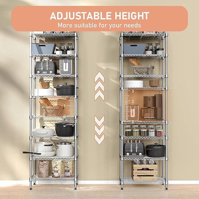 8 Tier 2000 lbs Storage Rack Metal Wire Shelving Unit, Storage Standing Shelf Organizer for Laundry Bathroom Kitchen Pantry Closet Garage Utility Room, Chrome 13.8" D x 23.6" W x 79.5" H - ModernBath