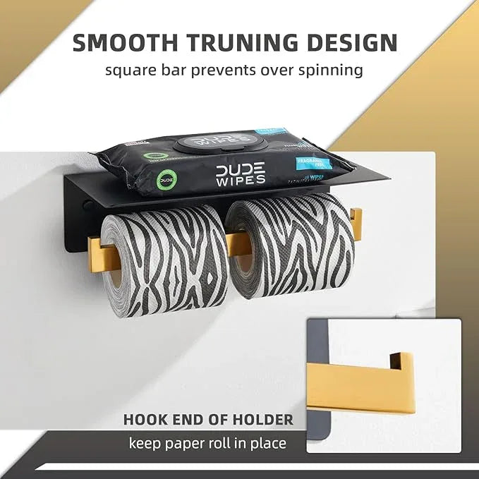 Angle Simple Double Toilet Paper Holder with Shelf, 304 Stainless Steel Bathroom Toilet Tissue Roll Holder for Wall Black and Gold - ModernBath