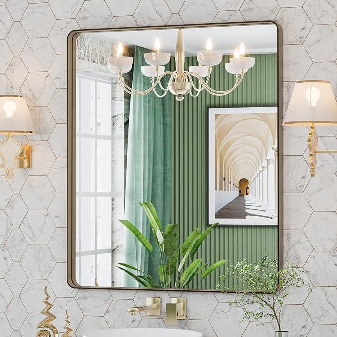 LOAAO 30”X36” Bronze Bathroom Mirrors for Vanity, Rounded Rectangle Brushed Bronze Metal Frame Mirror, Anti-Rust, Tempered Glass, Hangs Horizontally or Vertically - ModernBath