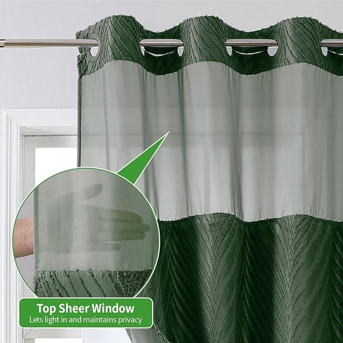 No Hook Shower Curtain and Liner Set,No Hook Tufted Striped Textured Shower Curtain with Snap in Liner Replacement and Waterproof Fabric,Boho Style with See Through Top Window,DarkGreen,71Wx74H - ModernBath