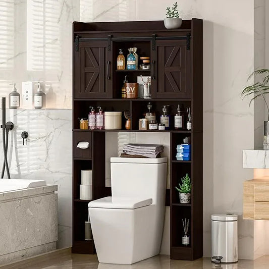 Over The Toilet Storage Cabinet, Farmhouse Toilet Cabinet Rack with Barn Doors, Space Saving Bathroom Organizer with Shelves, Toilet Paper Holder and Towel Rack for Bathroom,Restroom,Laundry,Walnut - ModernBath