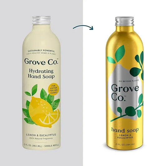 Grove Co. Hydrating Gel Hand Soap Refills (3 x 13 Fl Oz) | Plastic-Free Liquid Hand Soap Refill Set, Leaves Hands Soft and Clean, 100% Natural Lemon & Eucalyptus Fragrance - ModernBath