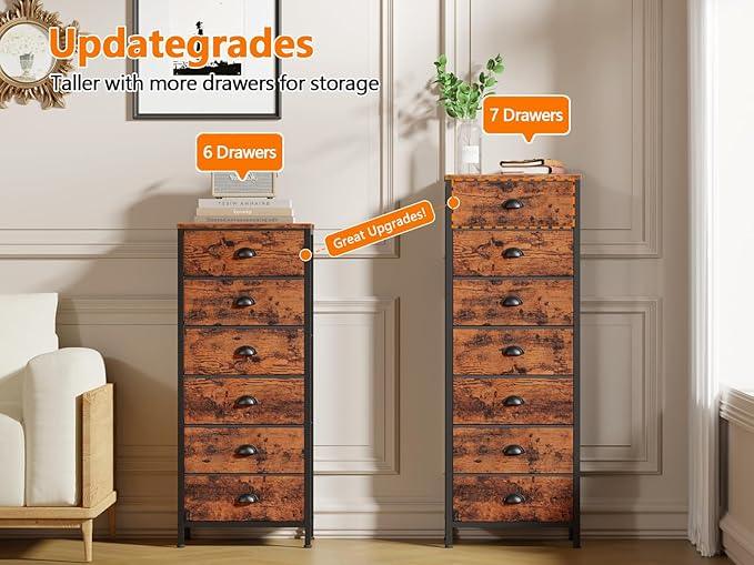 Furnulem Bedroom Dresser with 7 Drawers,Tall Industrial Fabric Chest of Drawers, Vertical Storage Tower Bedside Furniture in Living Room,Closet,Entryway-Sturdy Steel Frame(Rustic Brown) - ModernBath
