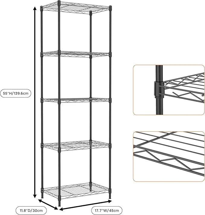 5 Tiers Shelf Metal Storage Shelves Wire Rack Closet Organizers with Wheel for Garage Kitchen Bathroom Laundry Black 11.8" D x 17.7" W x 55" H - ModernBath
