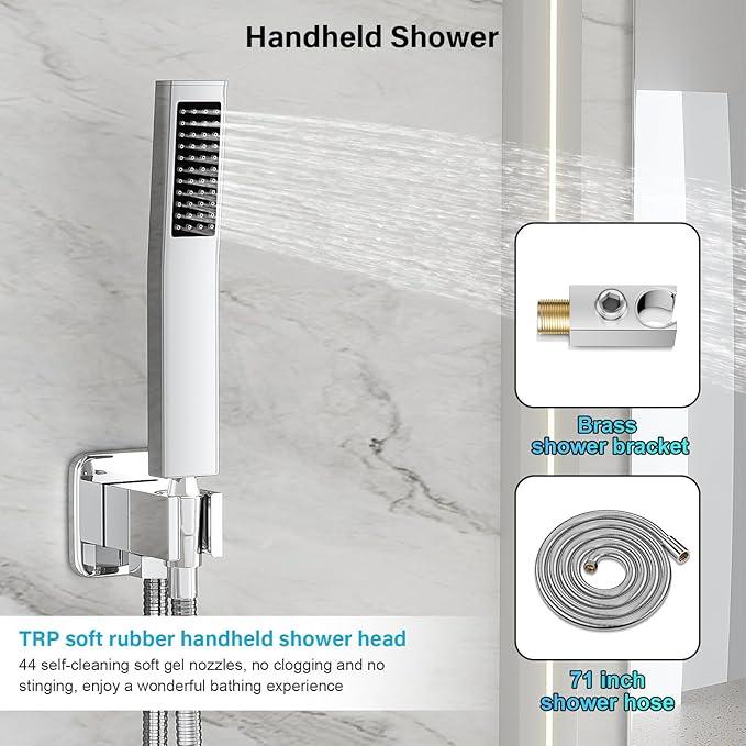 FPXRNG Shower Faucet Set Bathroom Square Rain Shower Head and Handle Set, Wall Mounted Shower Fixtures, Full Metal Trim Repair Kit 10 inch Polished Chrome (With Shower Valve) - ModernBath
