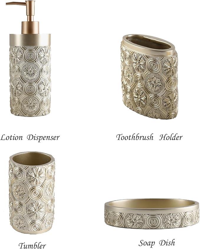 Hymmah Bathroom Accessories Set,Golden Design Toothbrush Holder,Farmhouse Bathroom Decor,4 Pcs Resin Gift Set Apartment Necessities, Contain Toothbrush Cup,Soap Dispenser,Soap Dish,Tumbler - ModernBath