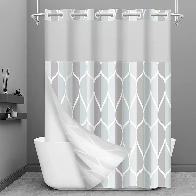 Yiatn No Hook Shower Curtain with Snap-in Liner, Gray Geometric Waterdrop Design, Machine Washable & Waterproof Polyester Bath Curtain, 71x74 Inch - ModernBath