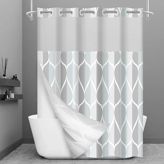 Yiatn No Hook Shower Curtain with Snap-in Liner, Gray Geometric Waterdrop Design, Machine Washable & Waterproof Polyester Bath Curtain, 71x74 Inch - ModernBath