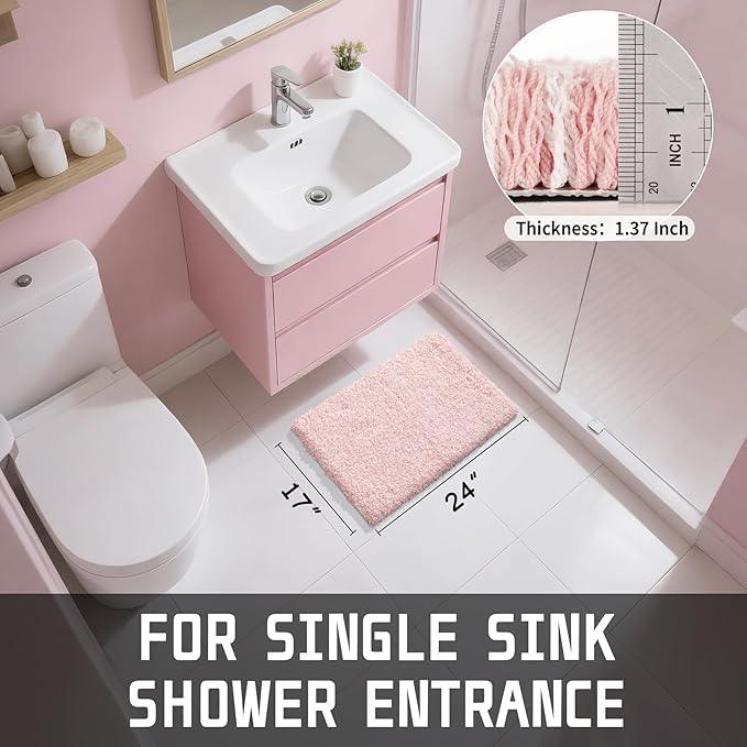 Yimobra Light Pink and White Bathroom Rugs Non Slip Washable, Ultra Soft and Water Absorbent Bath Mats, Plush Fluffy Shower Mat Outside, Microfiber Thick Matts for Bathroom Floor/Sink, 24x17 - ModernBath