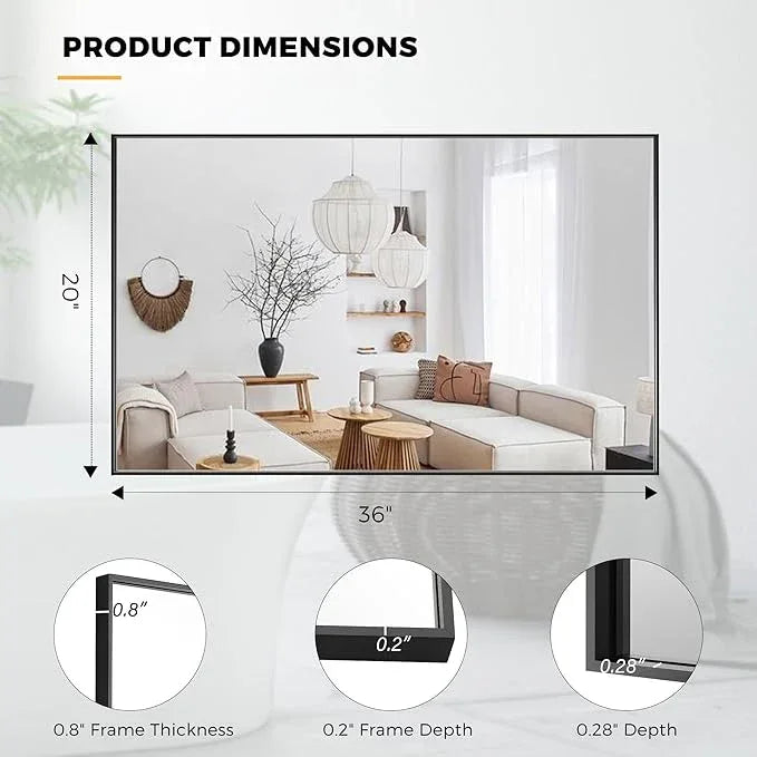 Bonverre 20x36 Inch Black Bathroom Mirror for Wall, Aluminum Frame Rectangle Rectangular Vanity Mirror, Modern Large for Bedroom, Living Room, Horizontal or Vertical - ModernBath