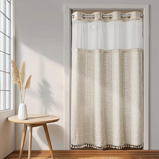 River Dream Farmhouse Linen Shower Curtain with Snap-in Liner, No Hooks Shower Curtain Set, with Tassels for Bathroom Decor,Shower Curtain and Liner with Sheer Window 54x80 Inch - ModernBath
