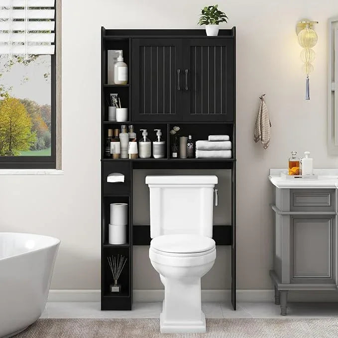 Vabches Over The Toilet Storage Cabinet, Farmhouse Storage Cabinet Over Toilet with Barn Door, Home Space-Saving Toilet Rack, for Bathroom, Restroom, Laundry（Black）. - ModernBath