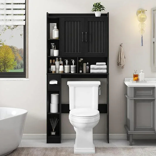 Vabches Over The Toilet Storage Cabinet, Farmhouse Storage Cabinet Over Toilet with Barn Door, Home Space-Saving Toilet Rack, for Bathroom, Restroom, Laundry（Black）. - ModernBath