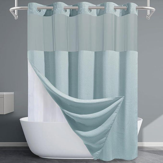 EUTXL Fog Blue No Hook Shower Curtain with Snap in Liner,230GSM Waffle Weave Shower Curtains for Bathroom,71W x 74H - ModernBath