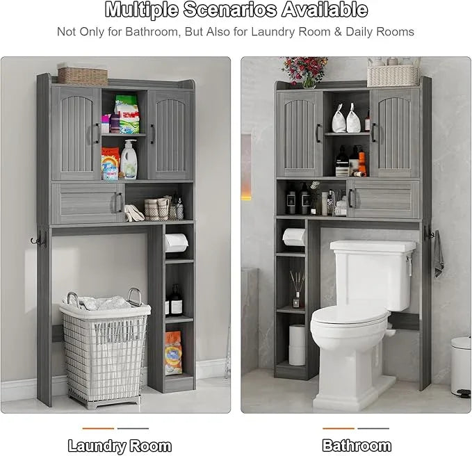 Vabches Farmhouse Over The Toilet Storage Cabinet with 2 Barn Doors & Sliding Door, Over The Toilet Bathroom Organizer with Open Storage Layer and Adjustable Shelves & Hooks.Grey - ModernBath