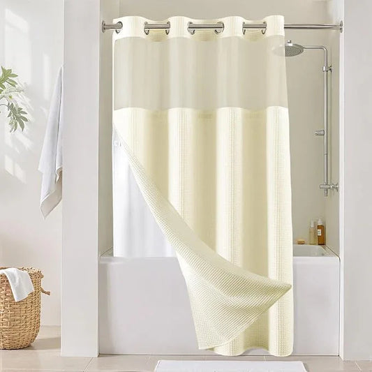 River Dream Cream Fabric Shower Curtain Set, Cotton Blend, Waffle Weave, with Snap in Replacement Liner，54 x 80 inches - ModernBath