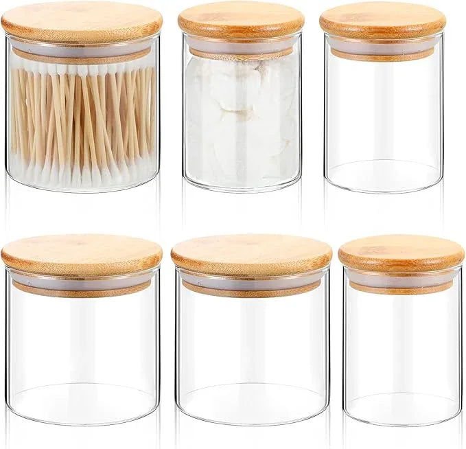 Dandat 6 Pack Glass Apothecary Jars with Lids Bamboo Bathroom Jars Cotton Ball Pad Round Swab Holder Dispenser Vanity Canisters for Countertop Storage Hair Ties Floss Organizer, 8.5 oz and 10.8 oz - ModernBath
