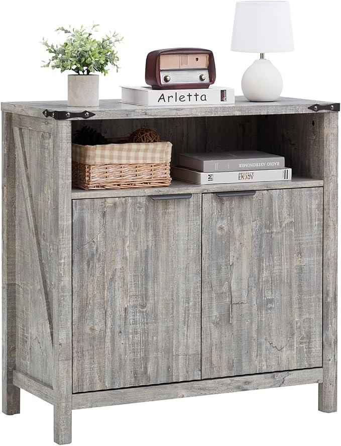 Buffet Cabinet with Storage - Modern Farmhouse Rustic 32 Fluted Sideboard Storage Cabinet Buffet with Adjustable Shelves, Coffee Wine Bar Organizer for Dining Room (Grey) - ModernBath