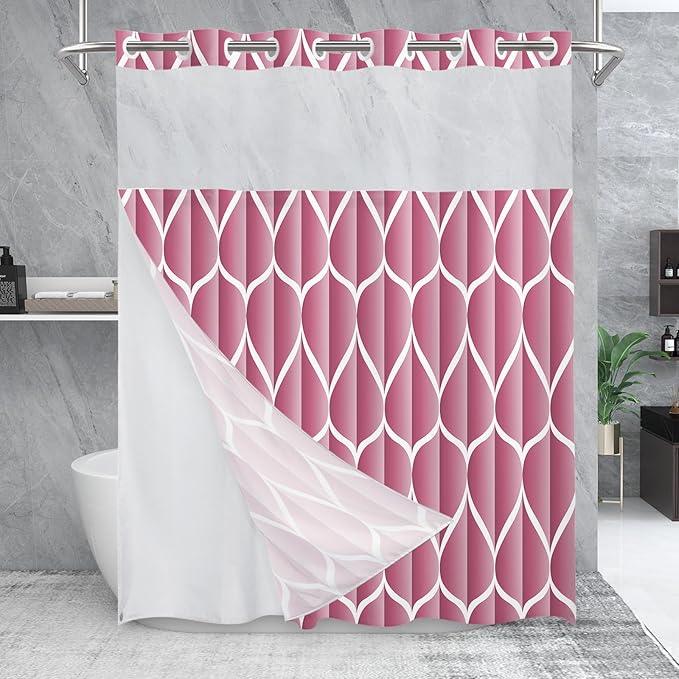 Yiatn No Hook Pale Mauve Shower Curtain with Snap in Fabric Liner Set - Hotel Style with See Through Mesh Top Window, Modern Geometric Waterdrop Design,Waterproof and Washable, 71x74 INCH - ModernBath