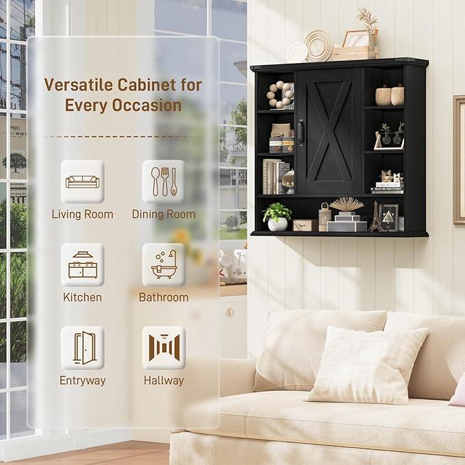 Bathroom Wall Cabinet, Farmhouse Medicine Cabinet with Adjustable Shelves and Barn Doors, Large Wall Mounted Over The Toilet Storage Cabinet for Bathroom, Laundry Room, Kitchen, Rustic Black - ModernBath