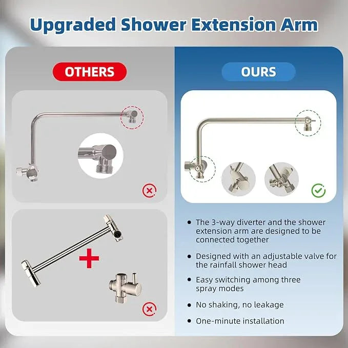12" All Metal Shower Head, High Pressure 10-Spray Handheld Showerhead Rainfall Shower Head Combo with 11" Adjustable Shower Extension Arm, 71" Hose, Shower Head Holder, Brushed Nickel - ModernBath