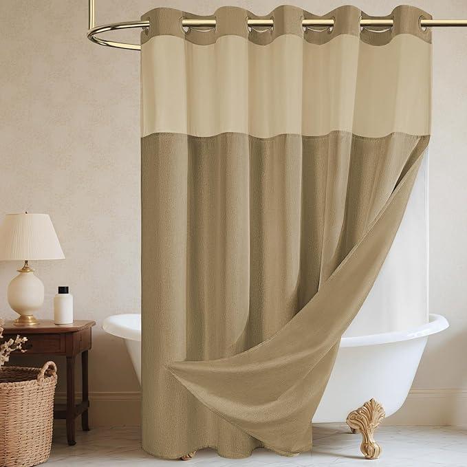 WONICY No Hook Shower Curtain with Snap in Liner, Polyester Textured Shower Curtain with Liner Set, Waterproof Washable Hotel Style Shower Curtains for Bathroom, 71Wx74H, Khaki - ModernBath