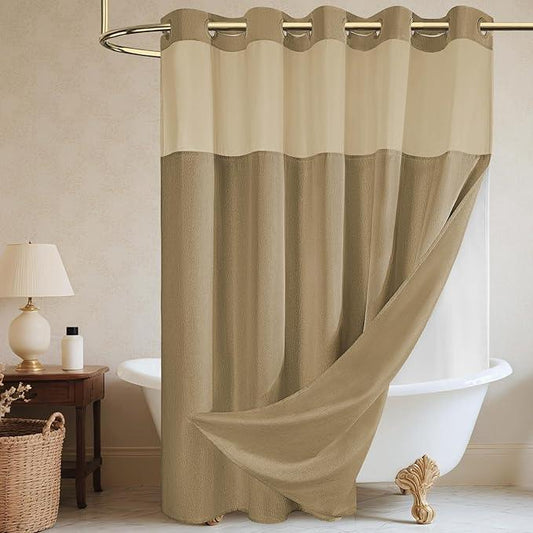 WONICY No Hook Shower Curtain with Snap in Liner, Polyester Textured Shower Curtain with Liner Set, Waterproof Washable Hotel Style Shower Curtains for Bathroom, 71Wx74H, Khaki - ModernBath