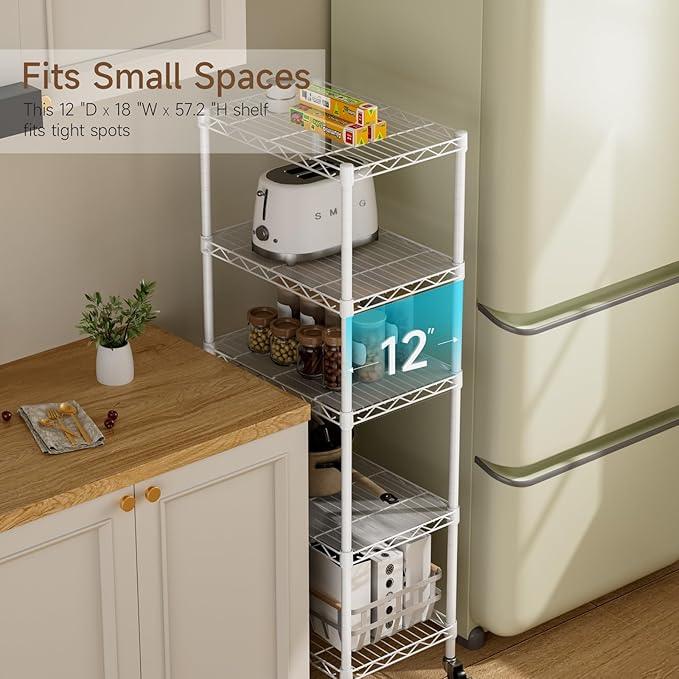 Small 5 Tier Shelves Storage Wire Shelving Unit Metal Shelf Adjustable Organizers Storage Shelving with Wheels for Bathroom Laundry Room Kitchen Pantry12”D x 18”W x 57.2”H White - ModernBath