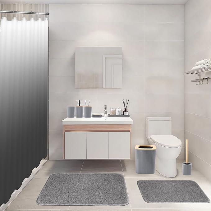 XLHOMO Bathroom Accessory Set–Bathroom Set with Shower Curtain and Rugs, No Slip Bathroom Rugs Super Absorbent, Grey Ombre Waterproof Shower Curtain with Hooks, Gray Bathroom Sets Complete for Home - ModernBath