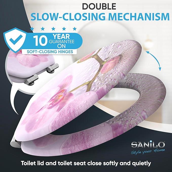 SANILO Wooden Toilet Seat with Soft Close [ELONGATED] - Decorative, Quiet & Slow Close Molded Wood Seat - With Strong Bumpers & Hinges - Adjustable Fit - Blooming - ModernBath