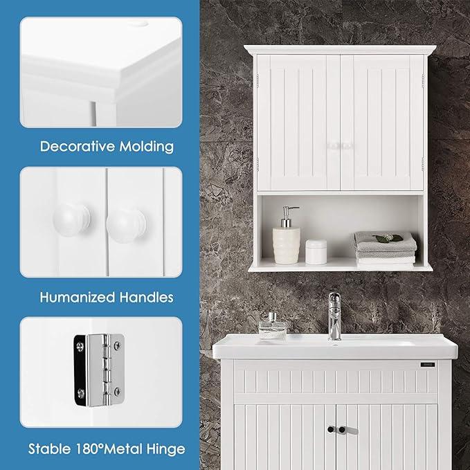 Tangkula Wall Mount Bathroom Cabinet Wooden Medicine Cabinet Storage Organizer with 2-Doors and 1-Shelf Cottage Collection Wall Cabinet (White) - ModernBath