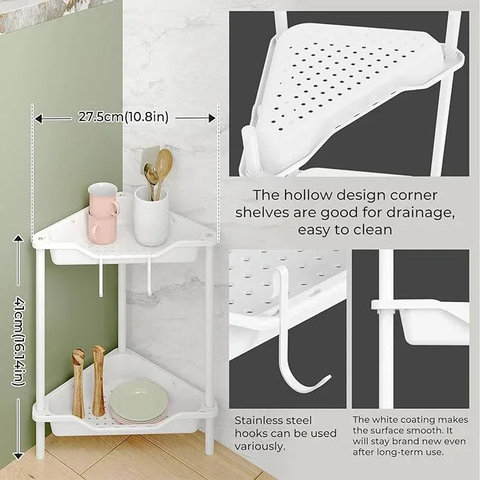ODesign 2 Tier Floor Standing Corner Shower Caddy Organizer Plastic Metal Splicing Shelf Storage Rack for Bathroom White - Rustproof - ModernBath