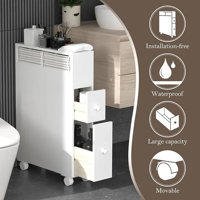 TY ARTS & CULTURE Bathroom Storage Cabinet One-Piece, Bathroom Floor Organizer with 2 Drawers, Bath Toilet Paper Holder for Small Space, No Installation & 360° Movable - ModernBath